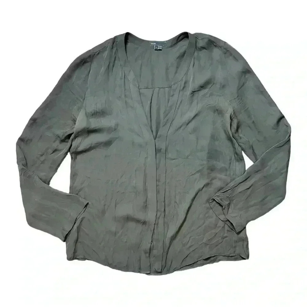 Vince Olive-Tone V-Neck Button-Down Shirt